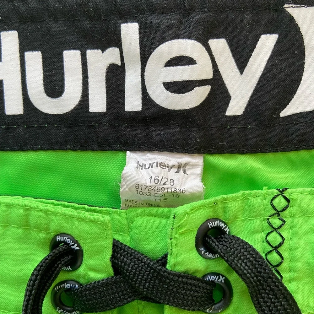 Bright green Hurley board shorts size 28”